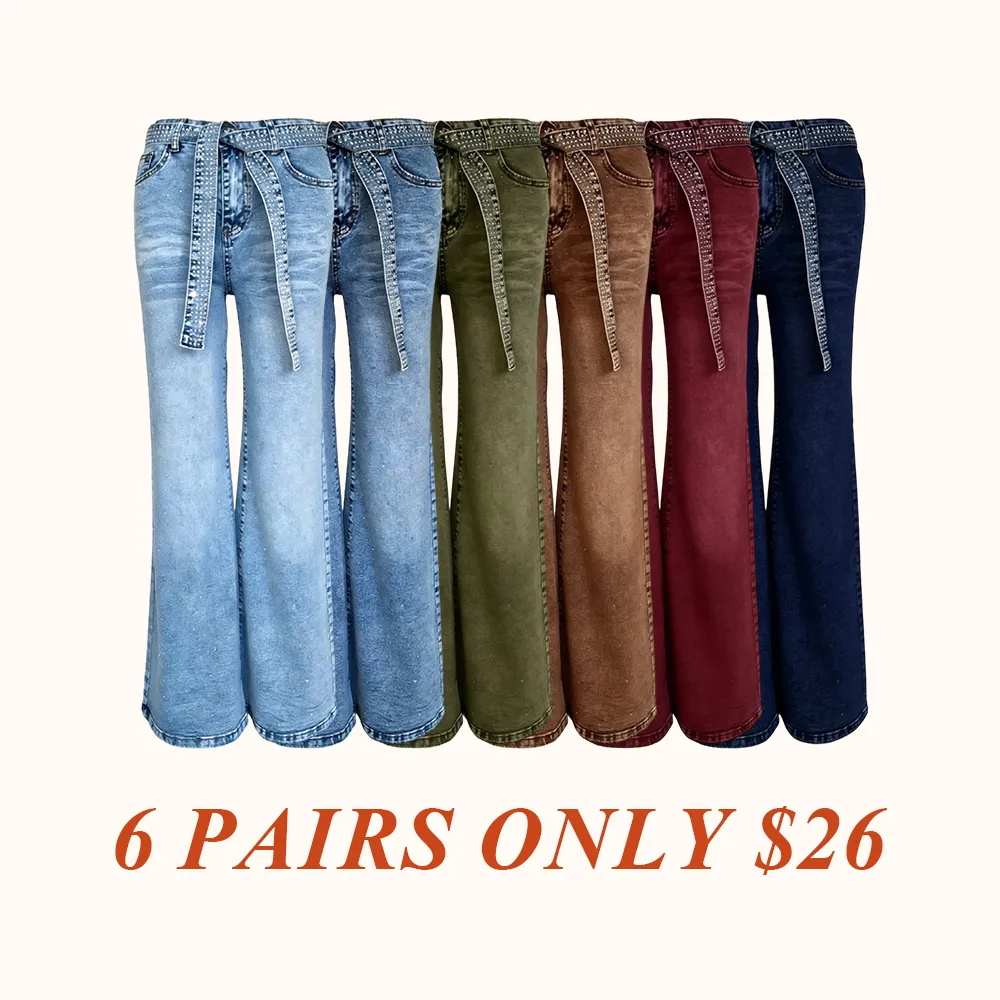 Women's Allover Rhinestone Decor High Waist Zipper Fly Jeans Casual Wide Leg Loose Fit Denim Pants