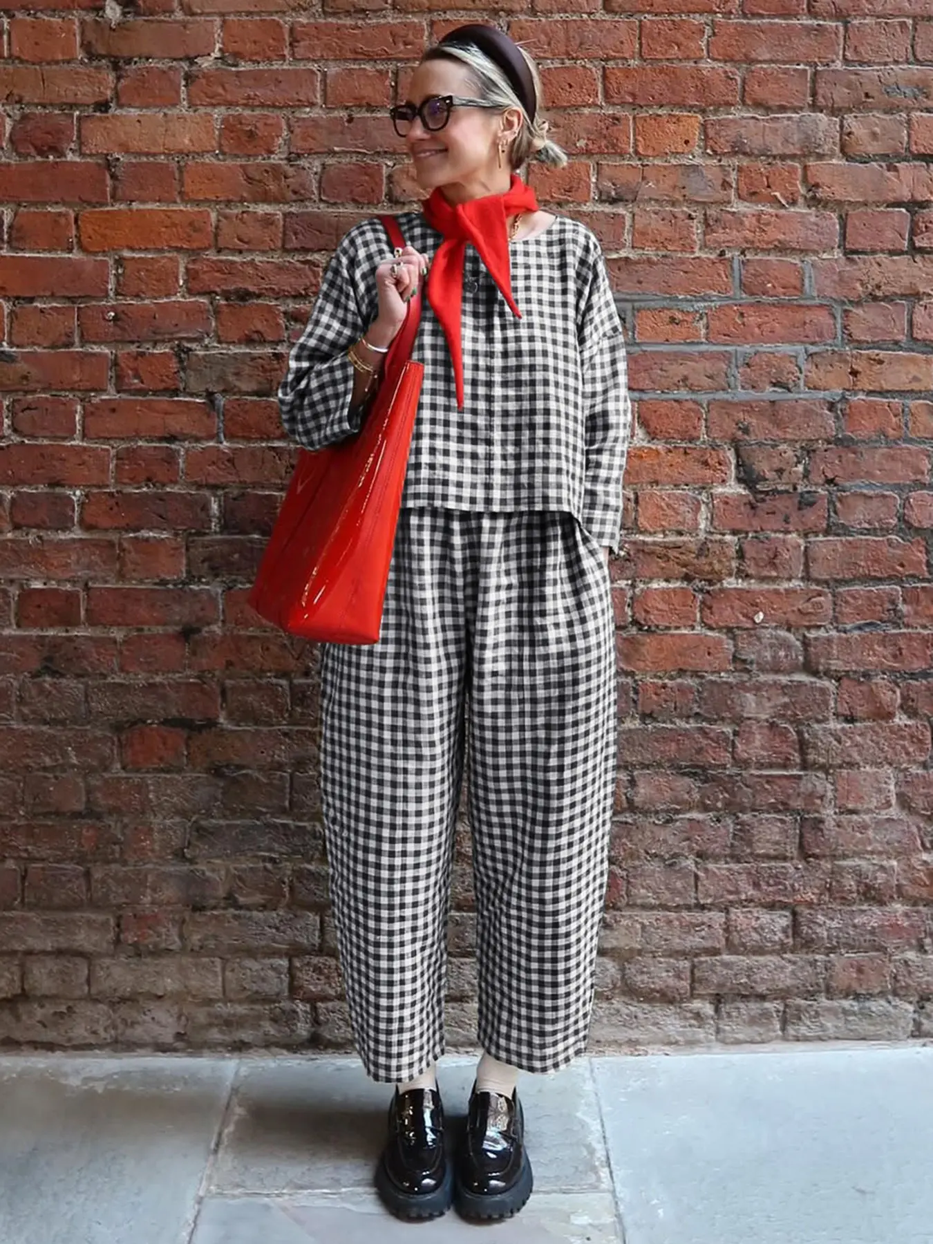 Women's Casual Woven Fabric Plaid Checkered Print Co-ord Set for Fall, Loose Fit Long Sleeve Top & Elastic Waist Wide Leg Pants Two-Piece Set