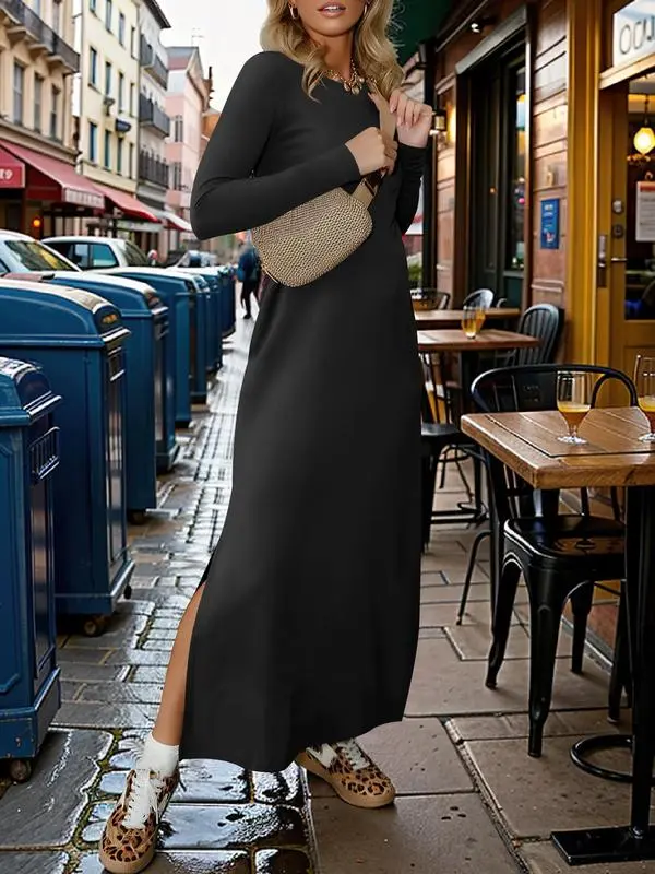 Women Long Sleeve Dresses 2026 Fall Casual Crewneck Loose Fit Split Flowy Wrinkle-Free Travel Vacation Maxi Dress