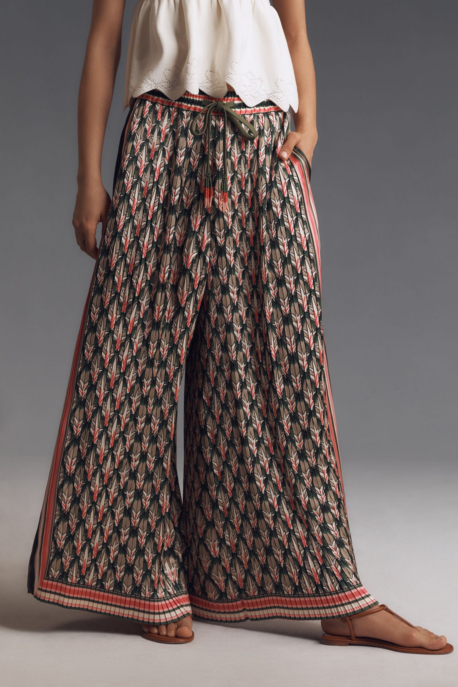 Tropical Pleated Wide-Leg Pants