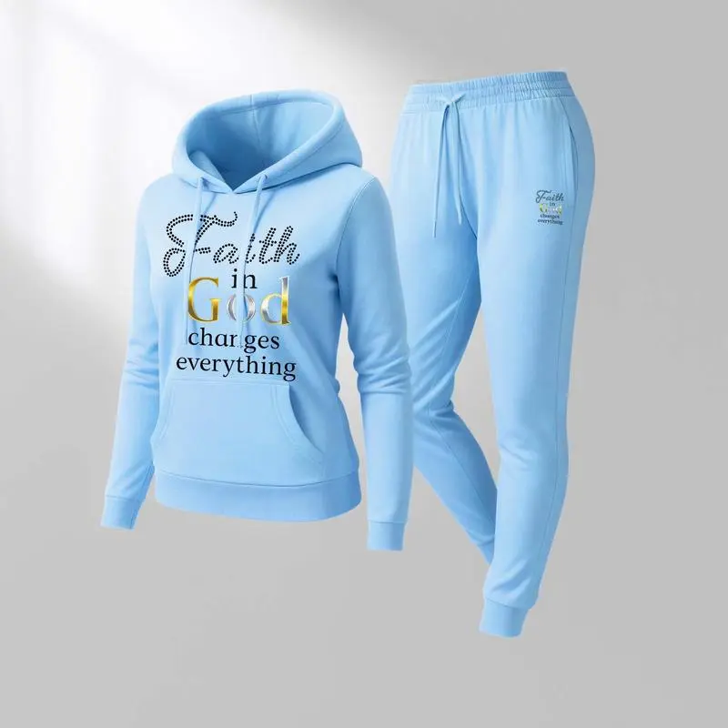 Women'S God Letter Print Hoodie And Drawstring Track Pants Set