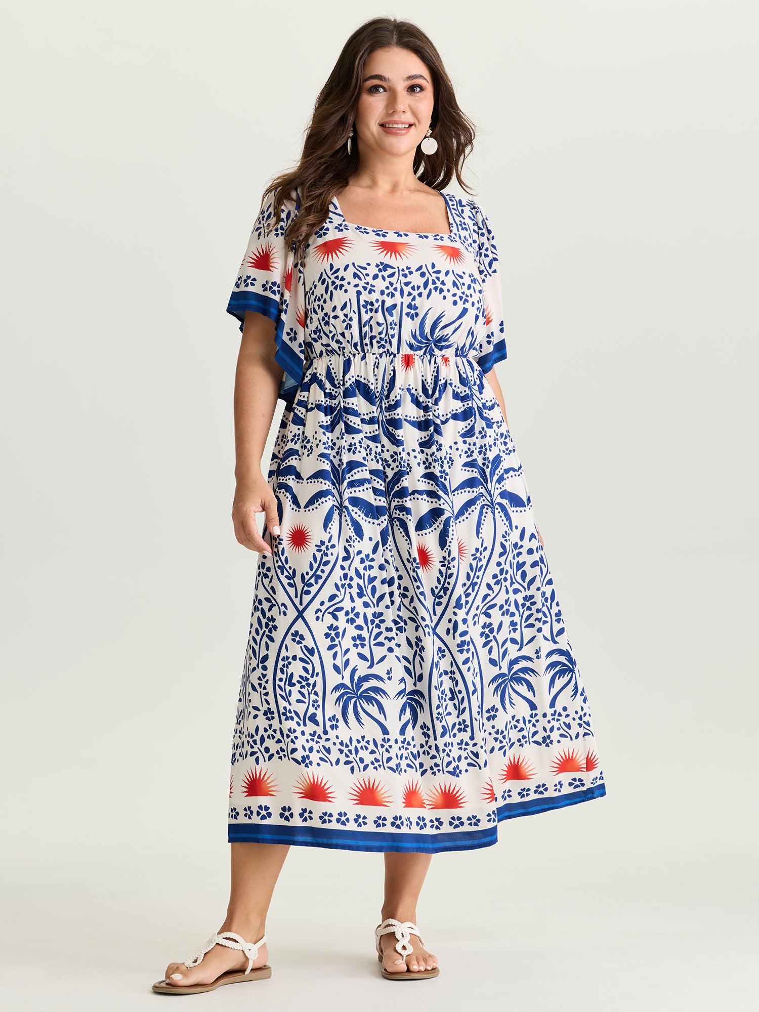 Tropical Print Flared Half-Sleeve Midi Dress