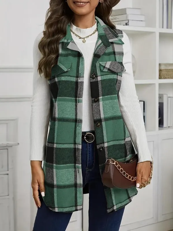 Women's Plaid Print Button Front Vest Coat