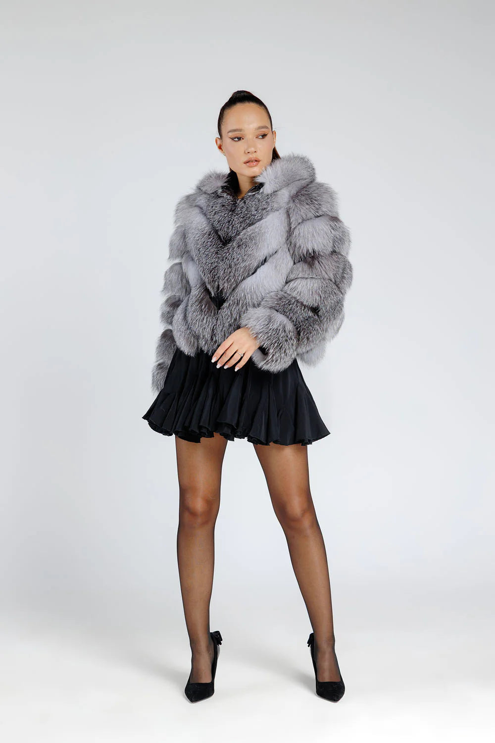 Haină din Blană Naturală de Vulpe Argintie, Transformabilă, V Model, cu Glugă Detașabilă, Femei, Grey Frost 379