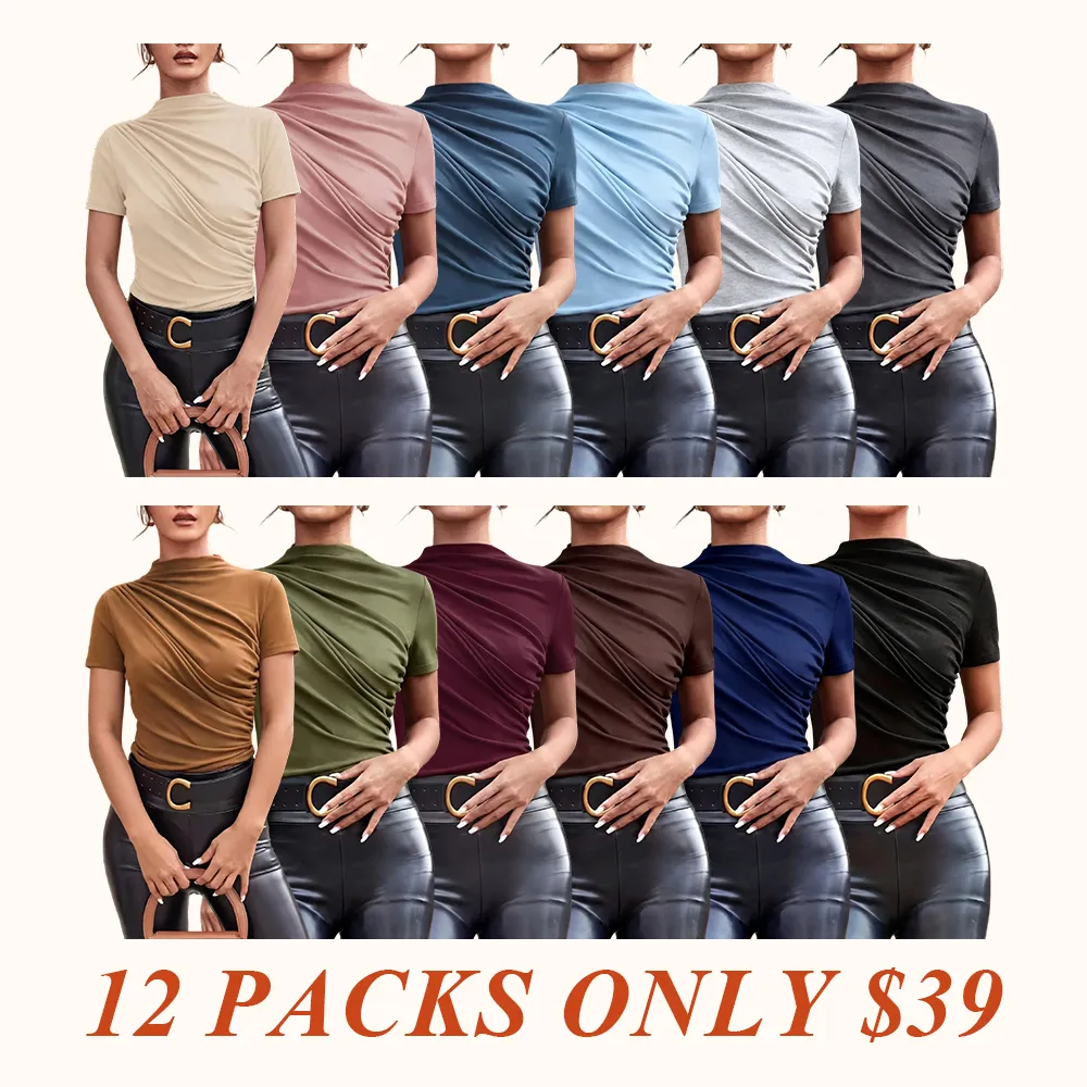 Women's Slim Fit Ruched Asymmetrical Top, High Neck Short Sleeve Knit T-Shirt, Casual Plain Design