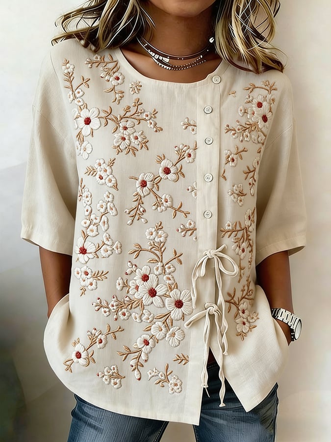 Women's Literary Retro Floral Print Tie Waist Linen Style Blouse- Fast Shipping