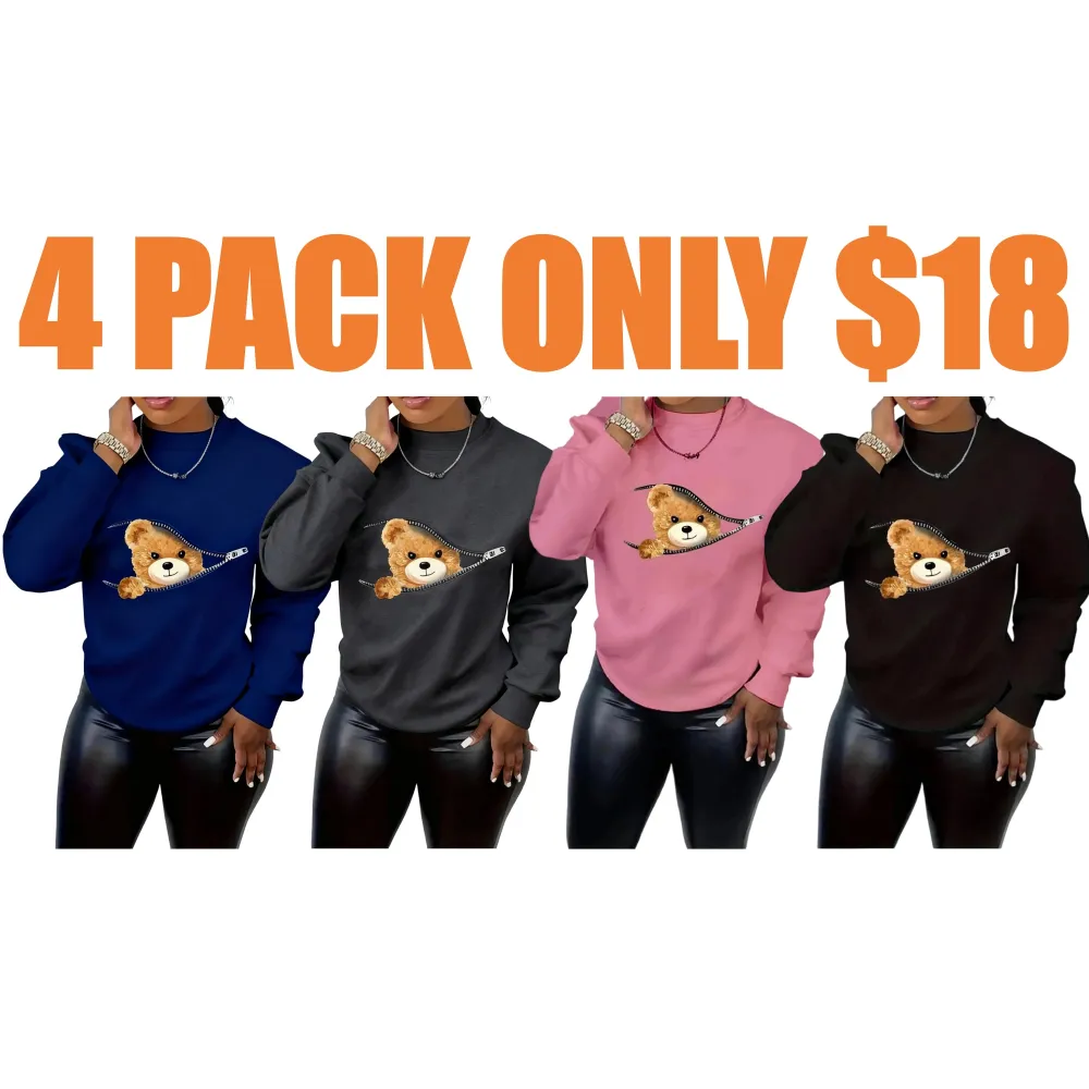 Women's Cartoon Bear Print Drop Shoulder Longsleeves