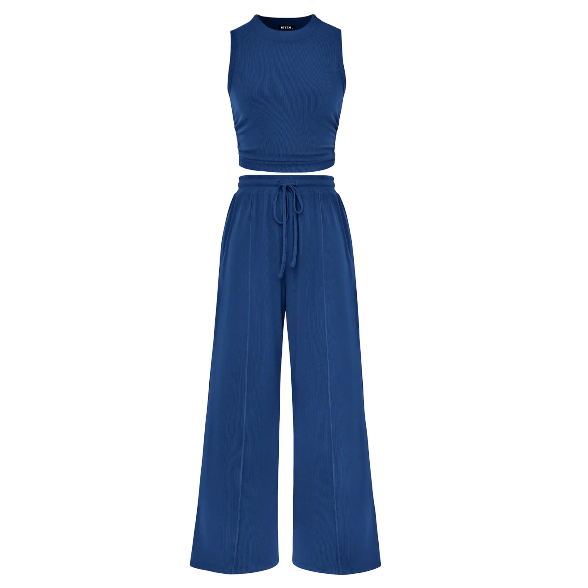 Women's Summer Two-Piece Set — Ribbed Knit Crew Neck Sleeveless Cropped Top