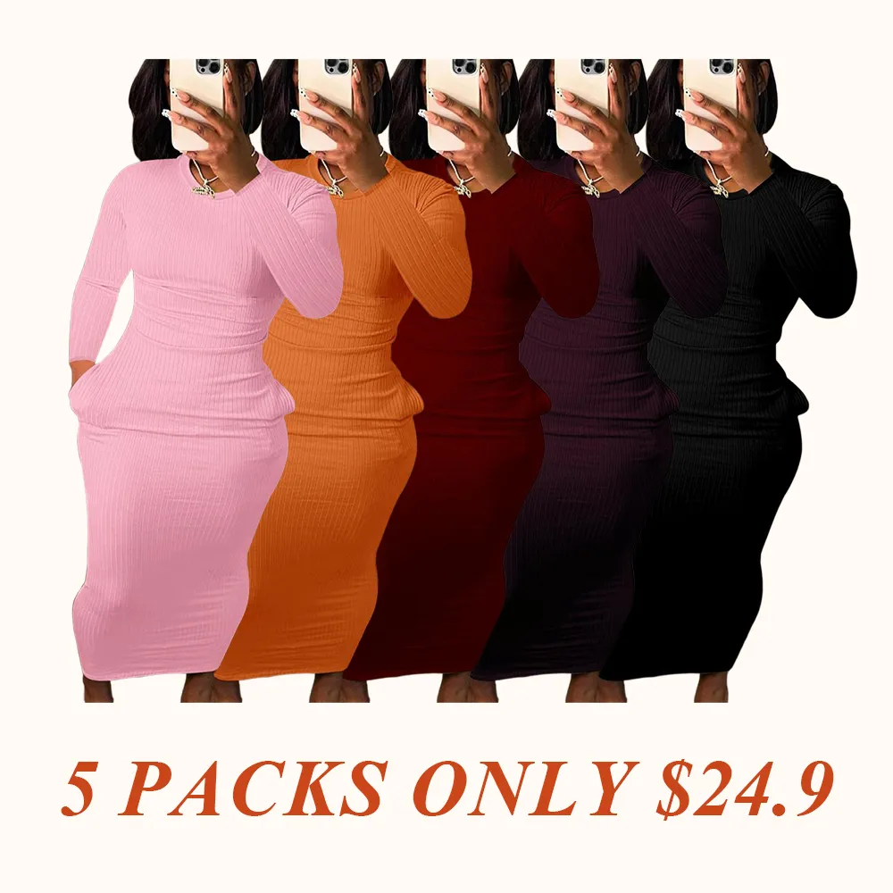 Women's Long Sleeve Pocket Dress, Breathable Elastic Multi-Color Party Casual Travel Pure Color Maxi Dress