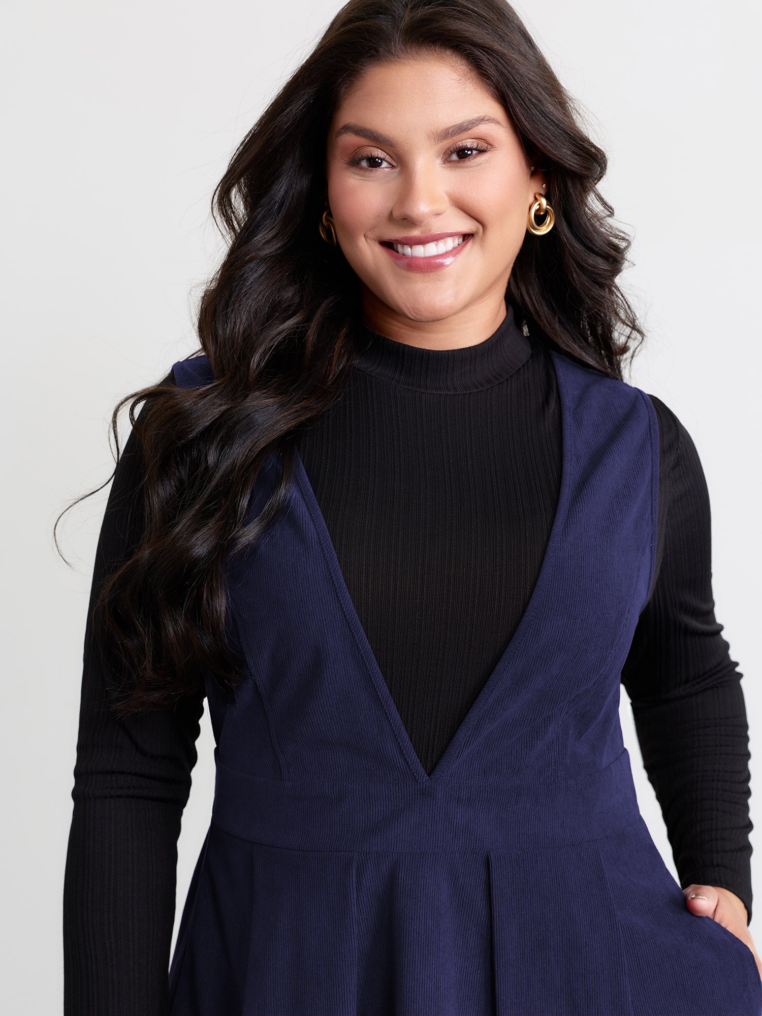 Corduroy Stretchy Waist V-Neck Mini Dress