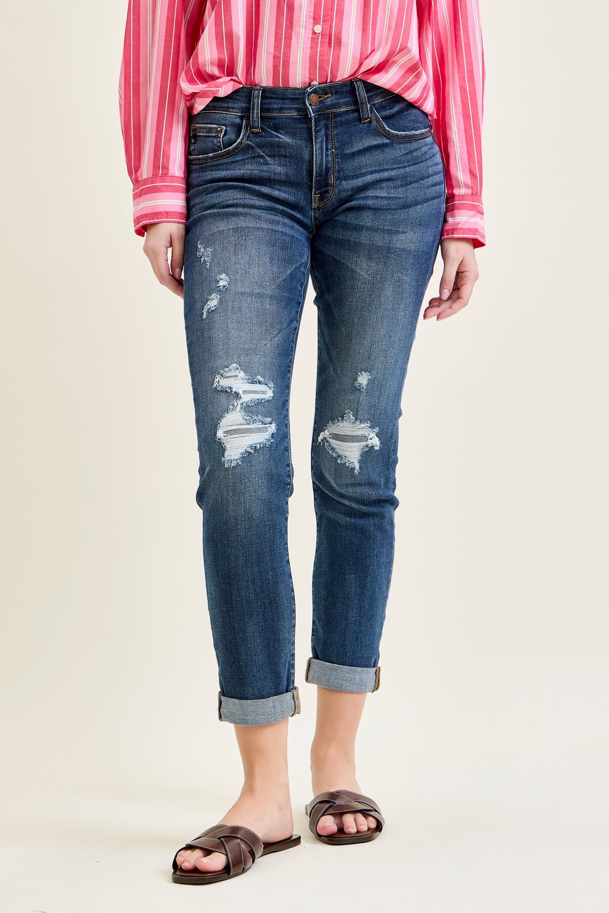 Aubree Mid Rise Distressed Boyfriend with Cuffed Hem