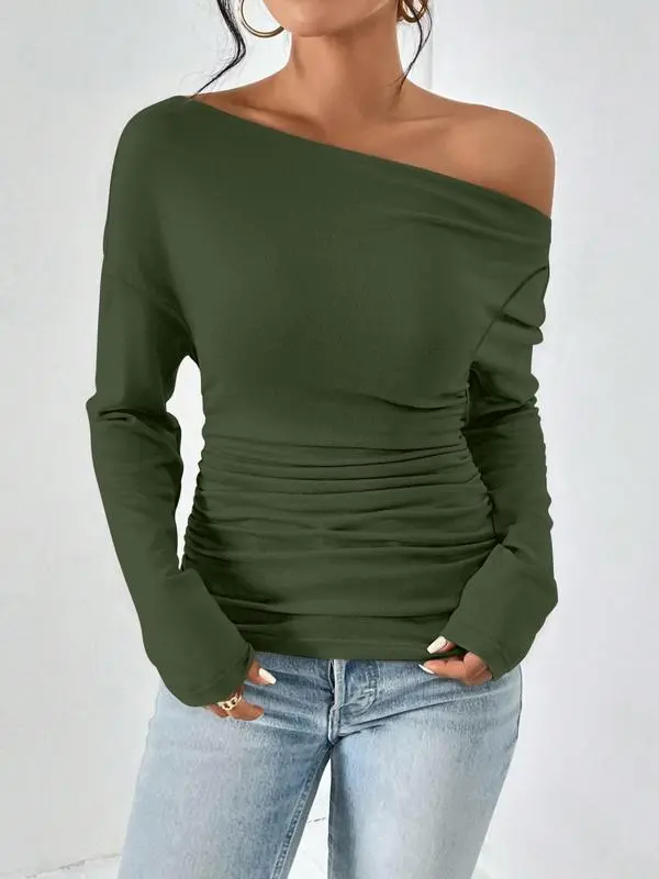 Women's Plain Ruched Asymmetrical Neck Drop Shoulder Tee