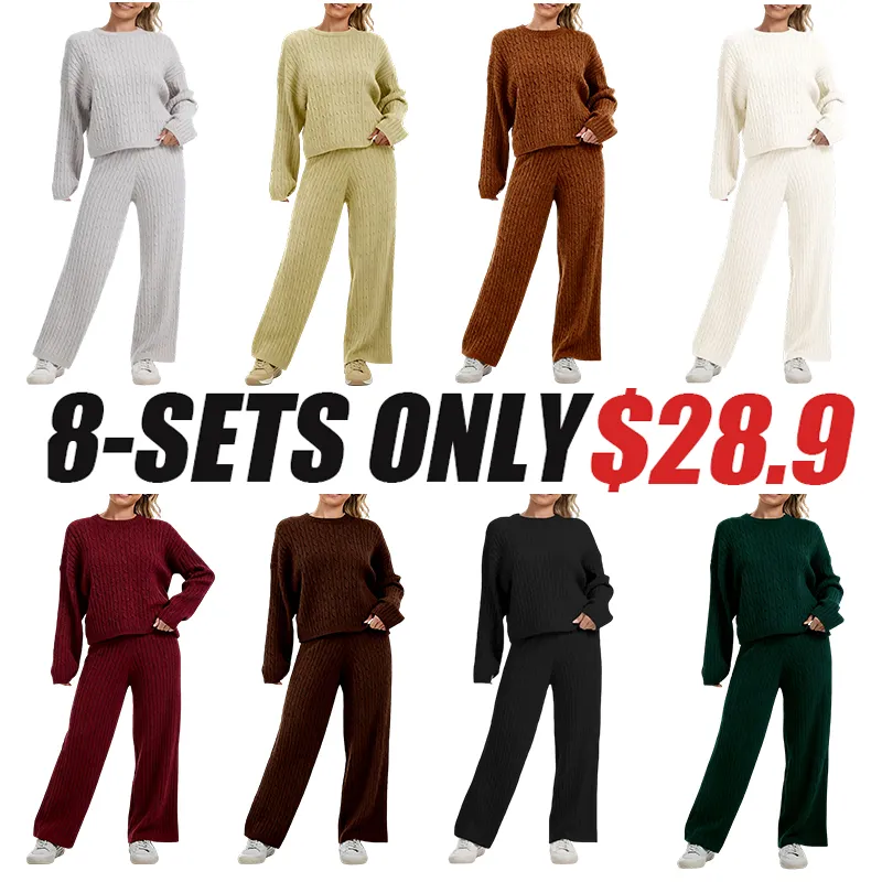 Women's Cable KnitBLACK FRIDAYSweater Lounge Set-Long Sleeve Pullover Top &High-Waisted Wide Leg Pants, Cozy 2-PieceOutfit for Fall & Winter