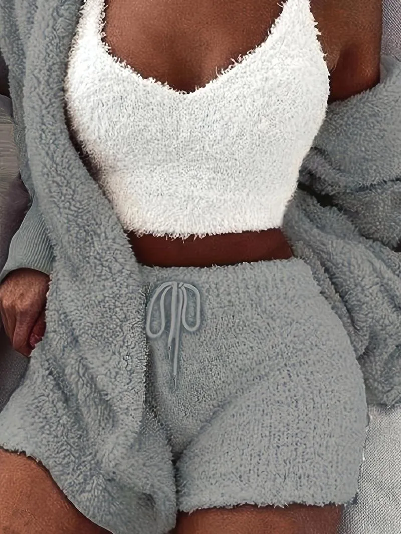 Women's Solid Color Plush Three-piece Pyjama Set, Fluffy Pajamas