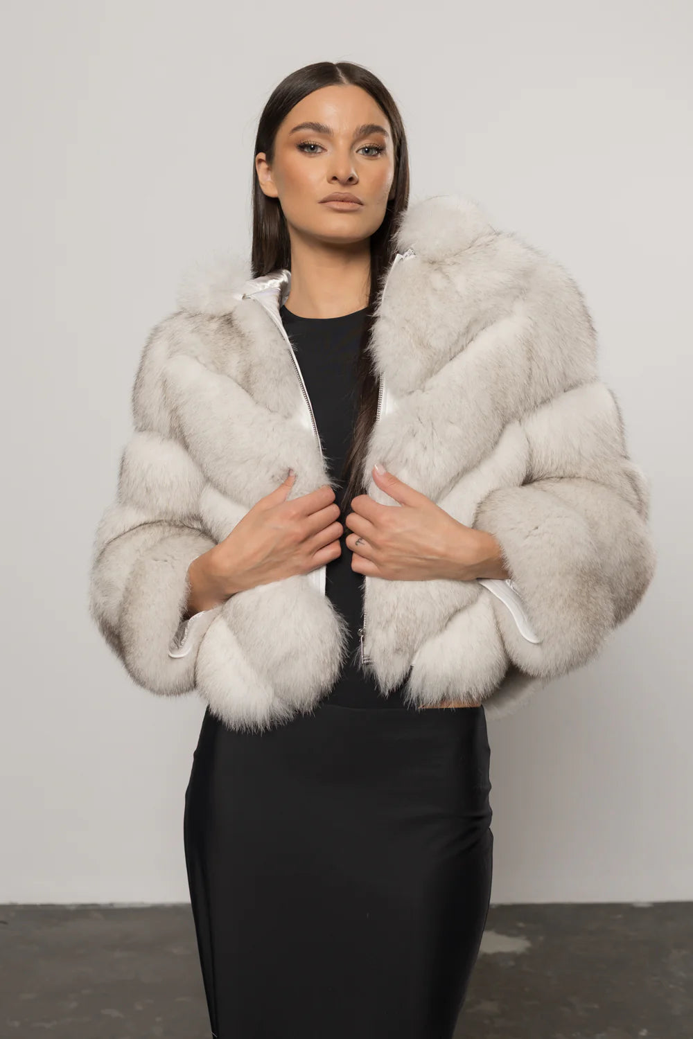 Haină din Blană Naturală de Vulpe Polară, Transformabilă, V Model, cu Glugă Detașabilă, Femei, Natural White 402