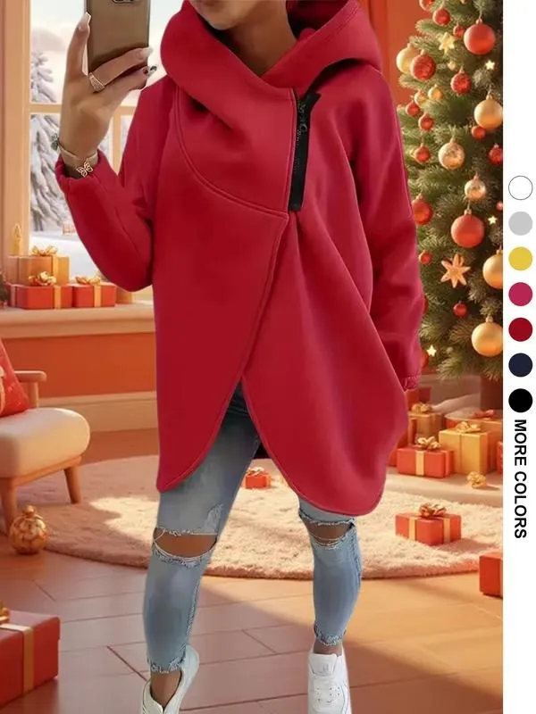 Women's Plus Size Hooded Sweatshirt, Full Zip Fashion Design, Asymmetrical Hem