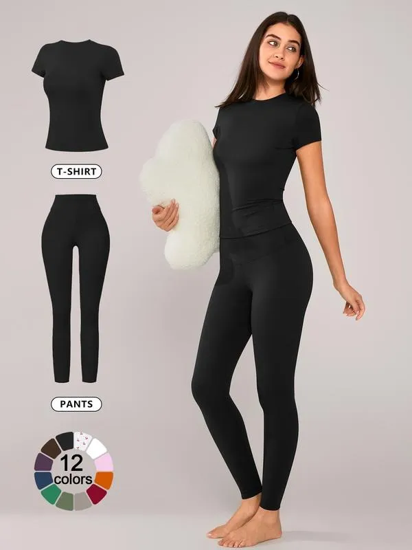 Women's Solid Short Sleeve Tee & Leggings Loungewear, Casual Comfy Round Neck Top & Skinny Pants PJ Set