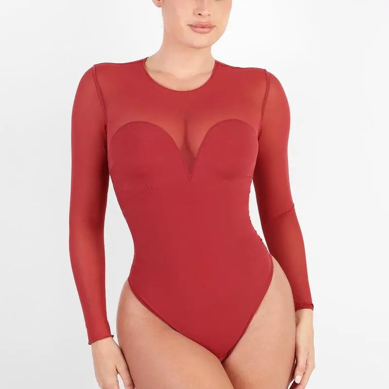 Deep V-Neck Long Sleeve Bodysuit Breathable Fabric Sheer Lace Turtleneck with Built-in Bra