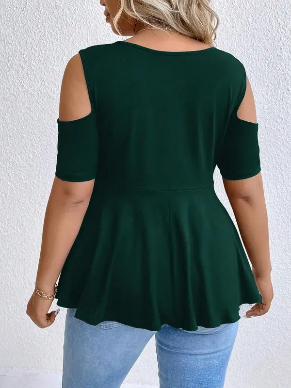 [Plus Size] Cold Shoulder Tee, Casual Asymmetrical Hem Short Sleeve T-shirt for Summer, Women's Plus Clothing for Daily Wear