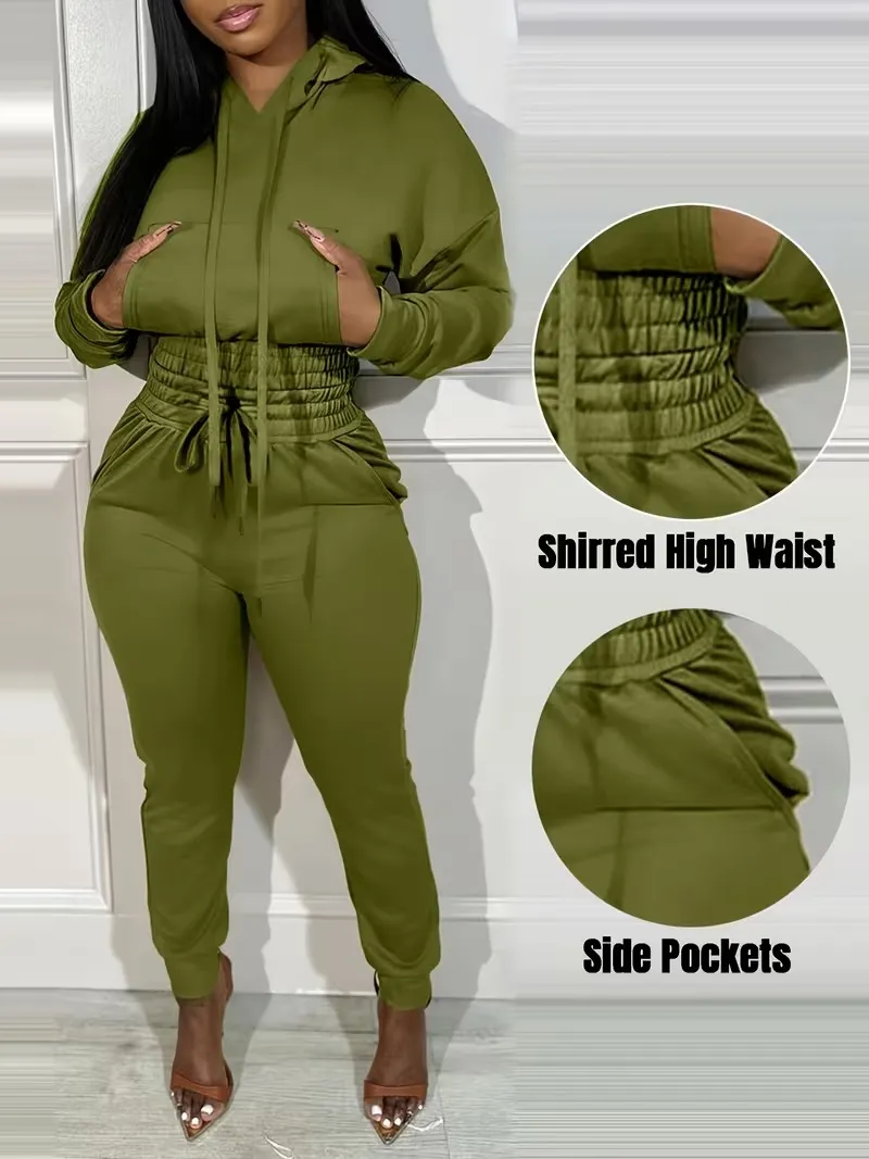 Womens 2 Piece Outfits Lounge Hoodie Shirred Waist Pocket Design Sweatshirt