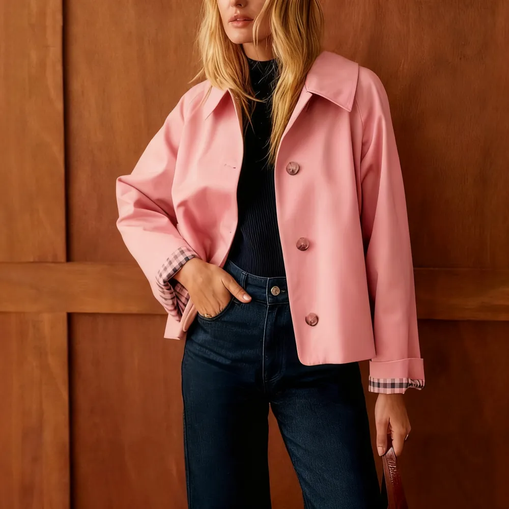 Women Casual Fall Jacket Lapel Neck Button-Down Long Sleeve Coat