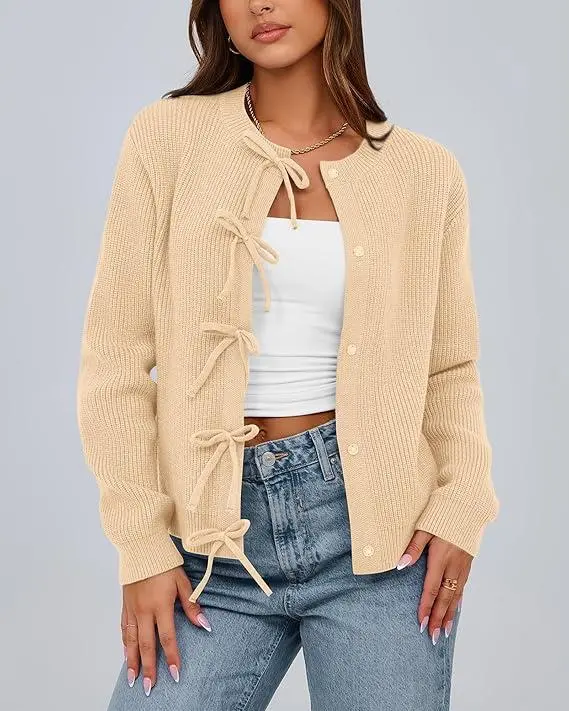Open Front Long Sleeve Button Cardigan Sweaters for Women