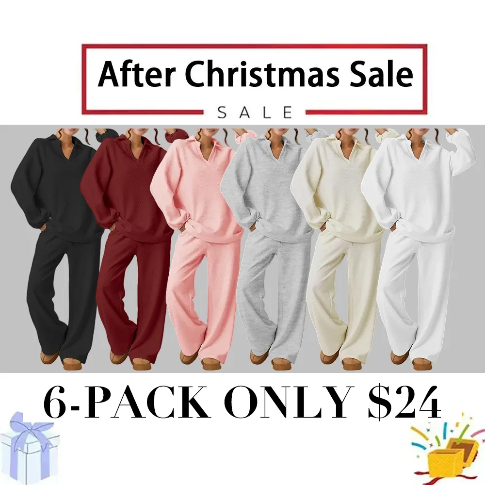 Women's loose-fitting V-neck textured pullover and drawstring waist pants set