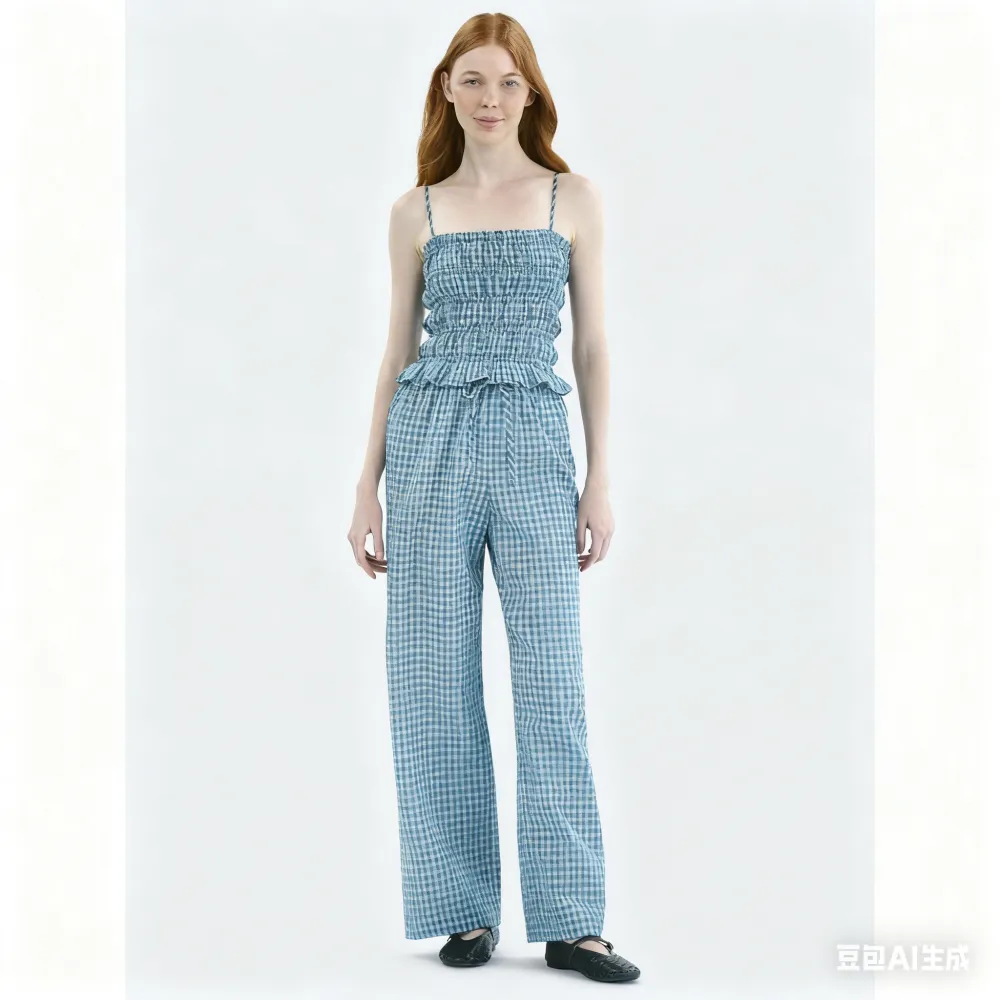 Plaid Seersucker Smocked Cami Top and Pants Set