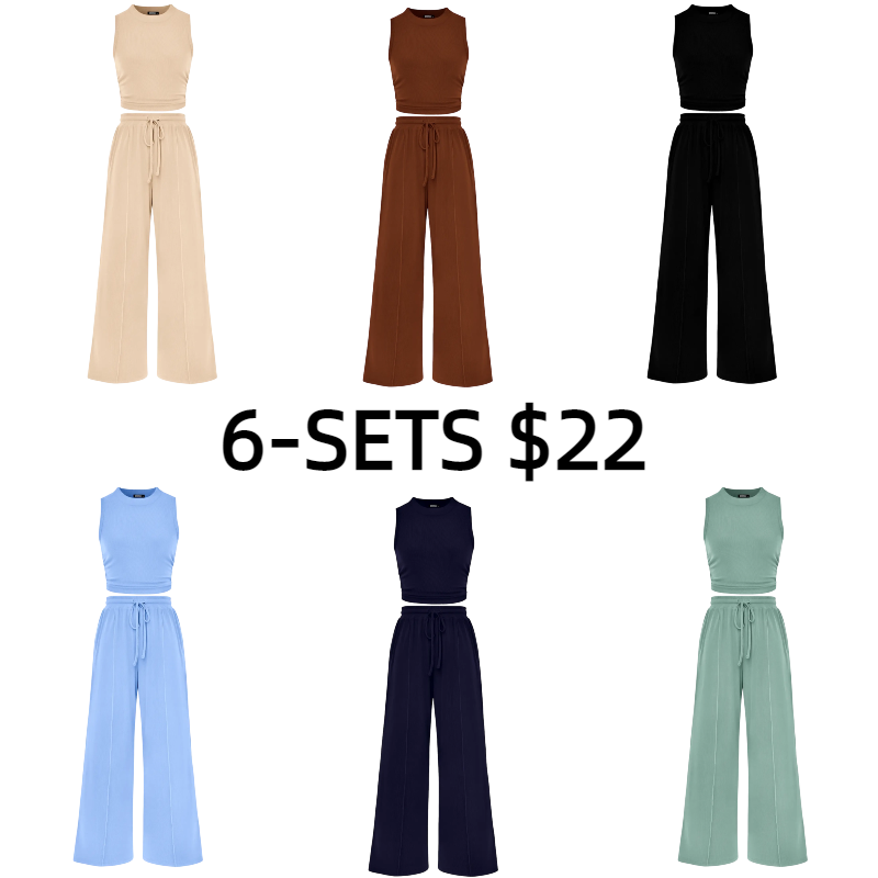 Women's Summer 2-Piece Outfits - Ribbed Knit Crew Neck Sleeveless Cropped Top & Wide Leg Pants Lounge Set