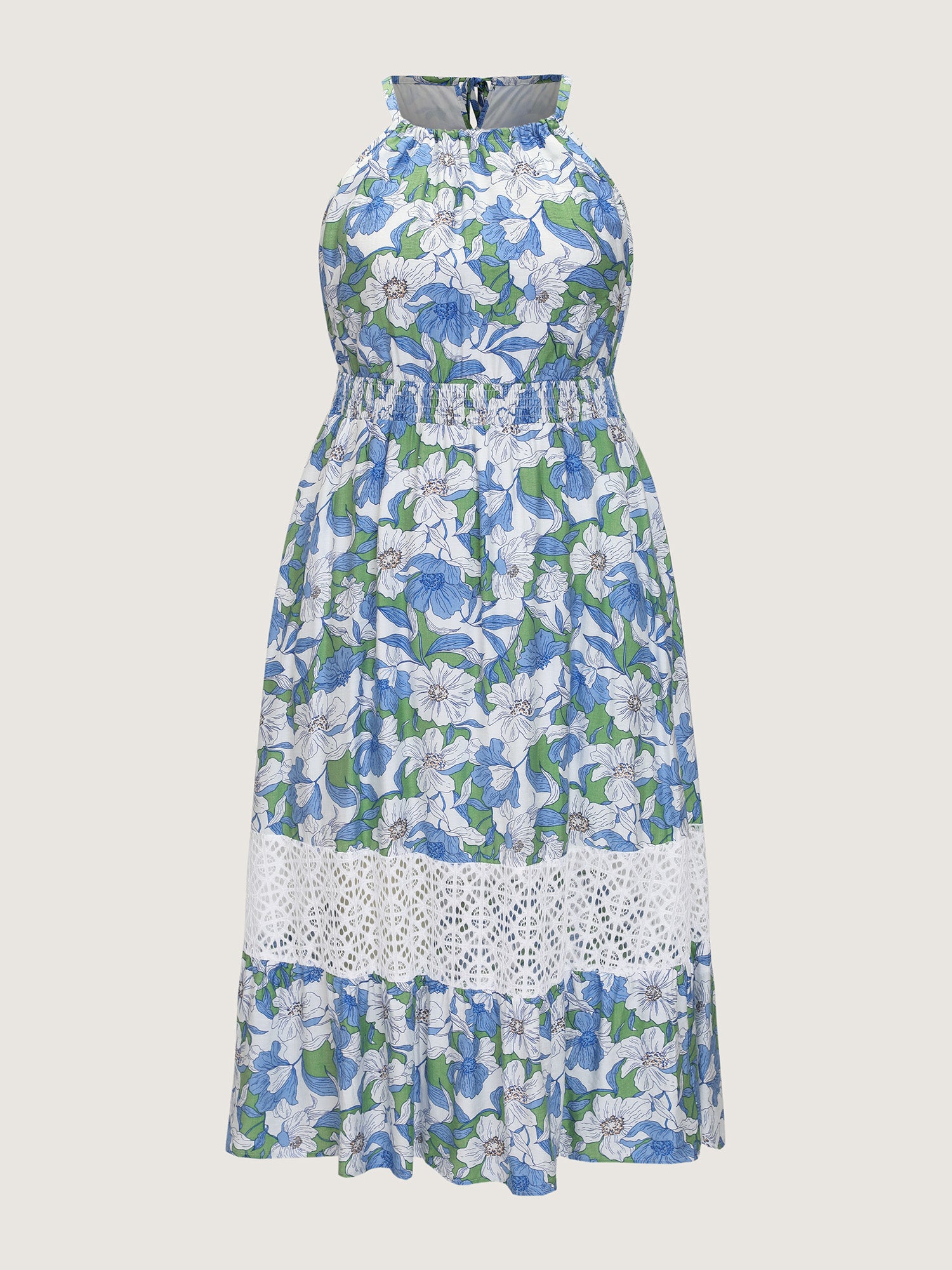 Large Floral Print Lace Trim Midi Dress