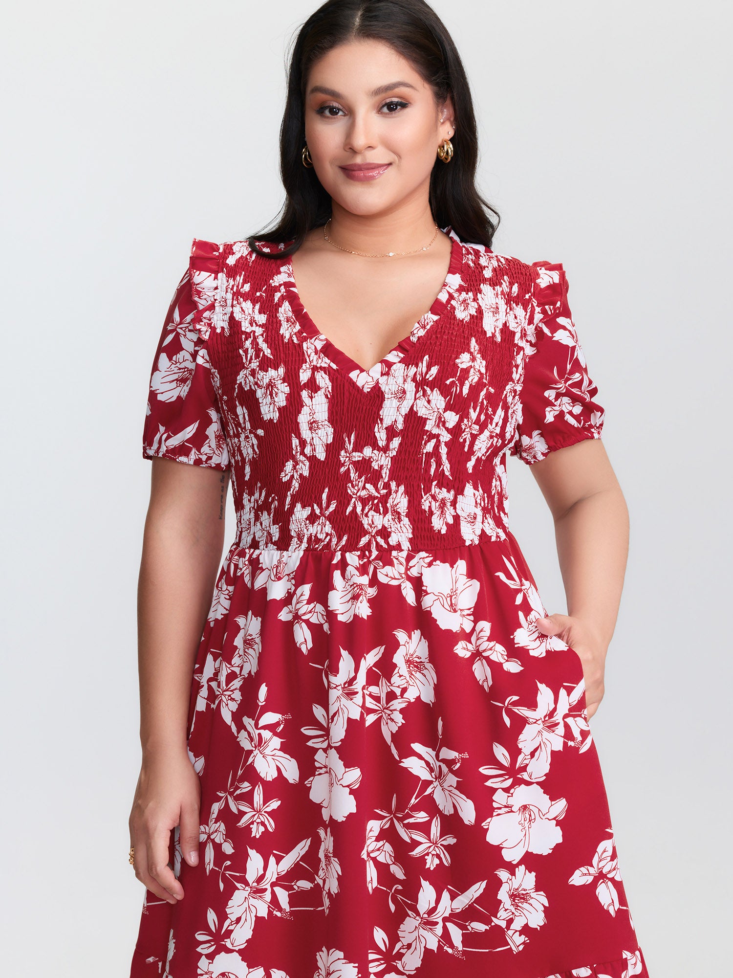 Floral Print Shirred Front Flutter Sleeve Mini Dress