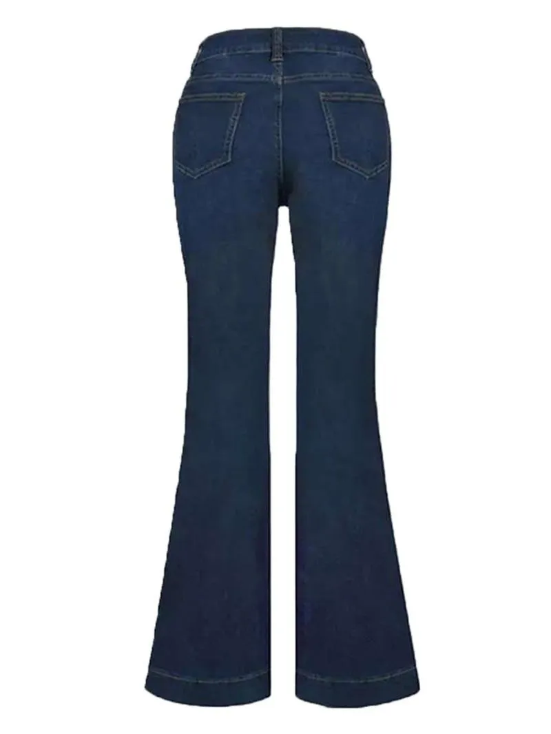 Women's Plain Button Pocket Flare Leg Jeans, Casual Bell Bottom Trousers for Daily Wear