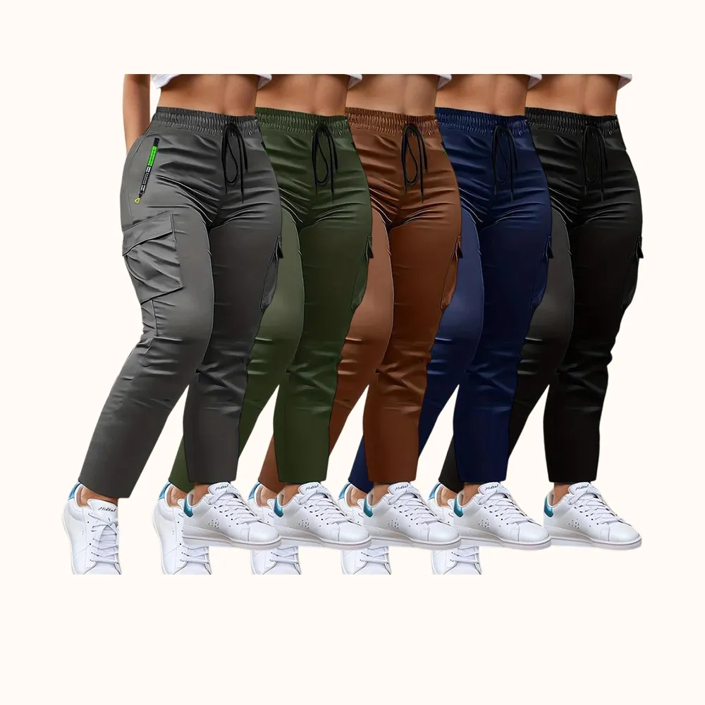 Women's Heavy-Duty Cargo Pants with Multi-Zipper Pockets & Neon Green Accents