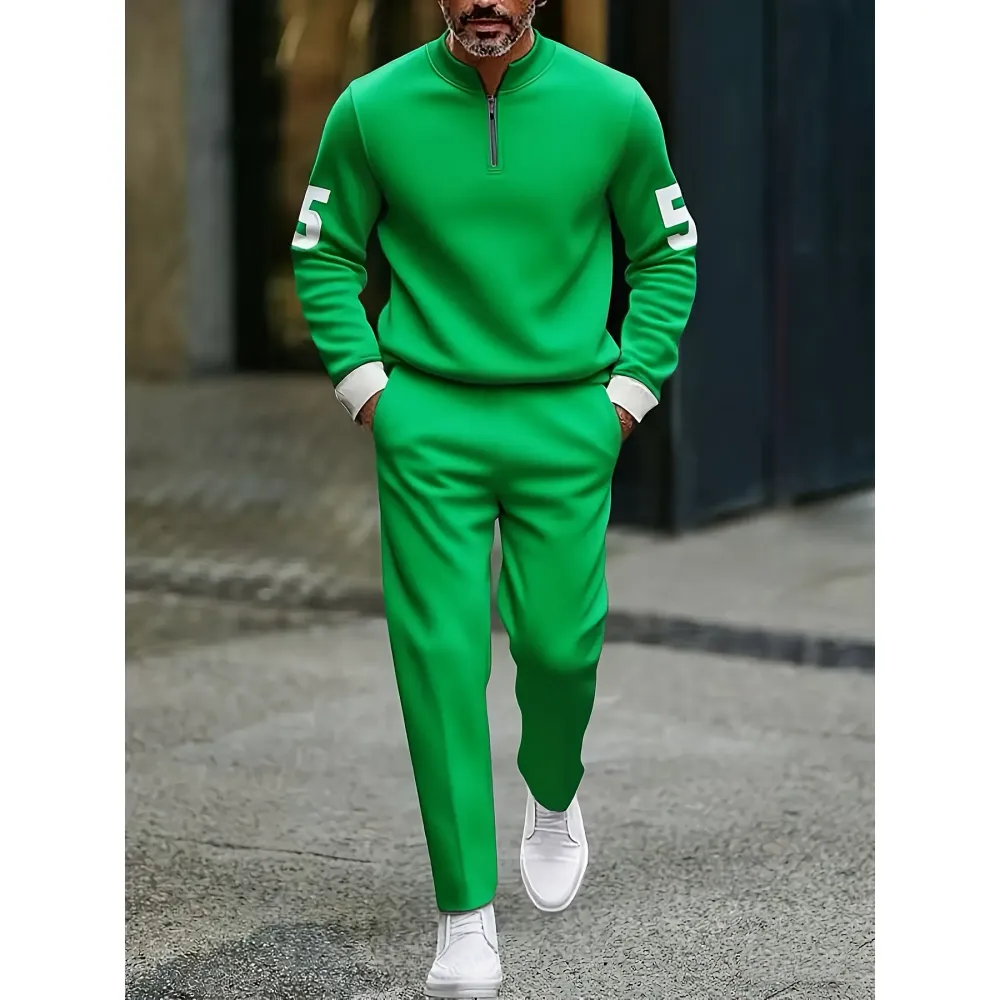 Fashion Stand up Collar Half Zipper Geometric Casual Simple Men's Set