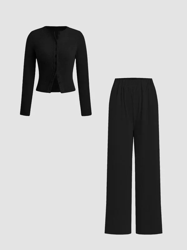 Two-piece Set Women's Solid Button Front Ribbed Crop Top & Elastic Waist Pants