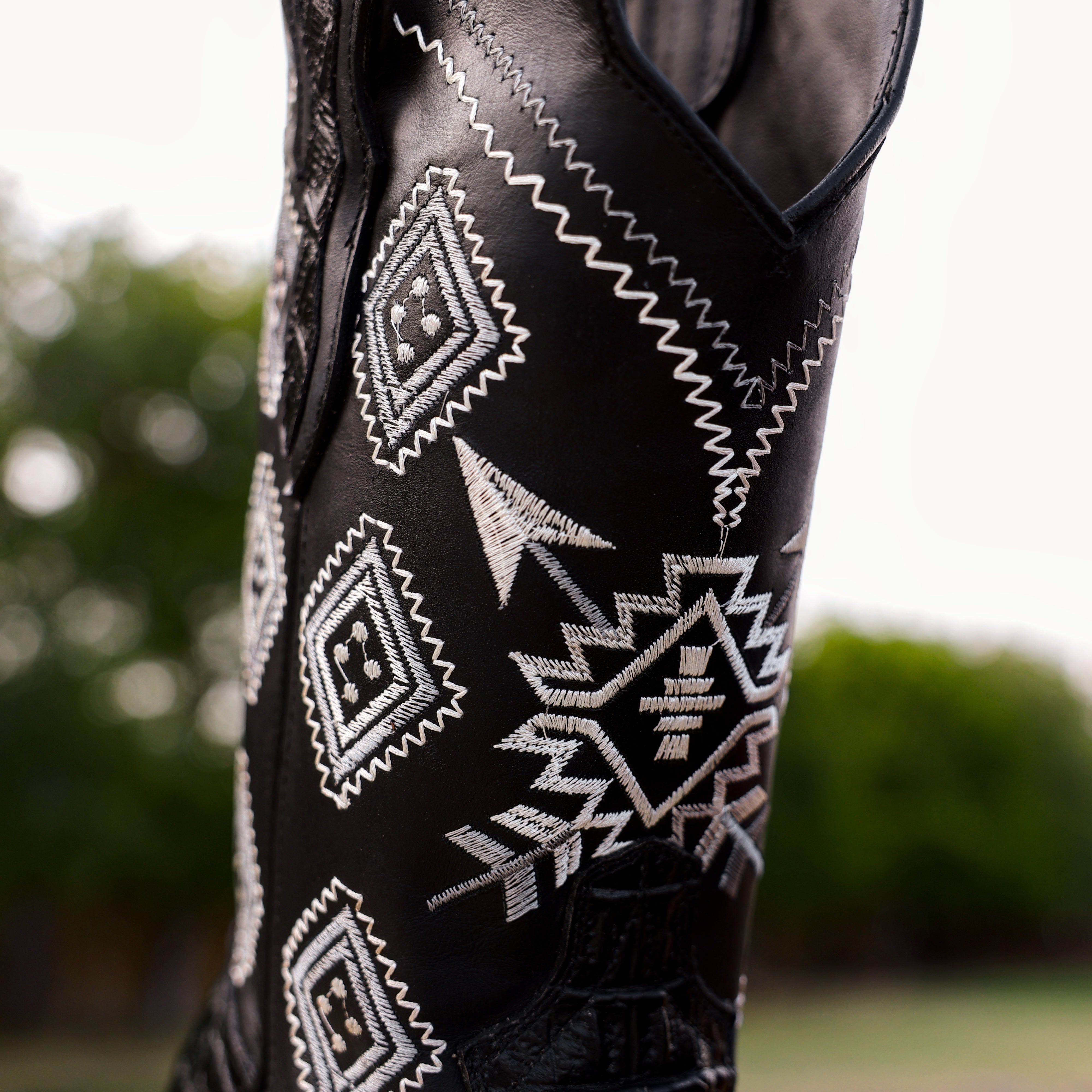 Black Caiman Neck Leather Boots - Square Toe