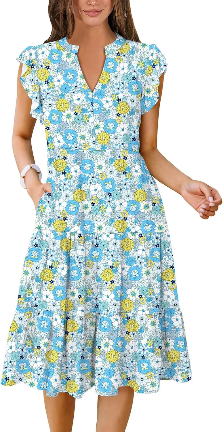 Women's Ruffle Sleeve V-Neck Tiered Midi Dress