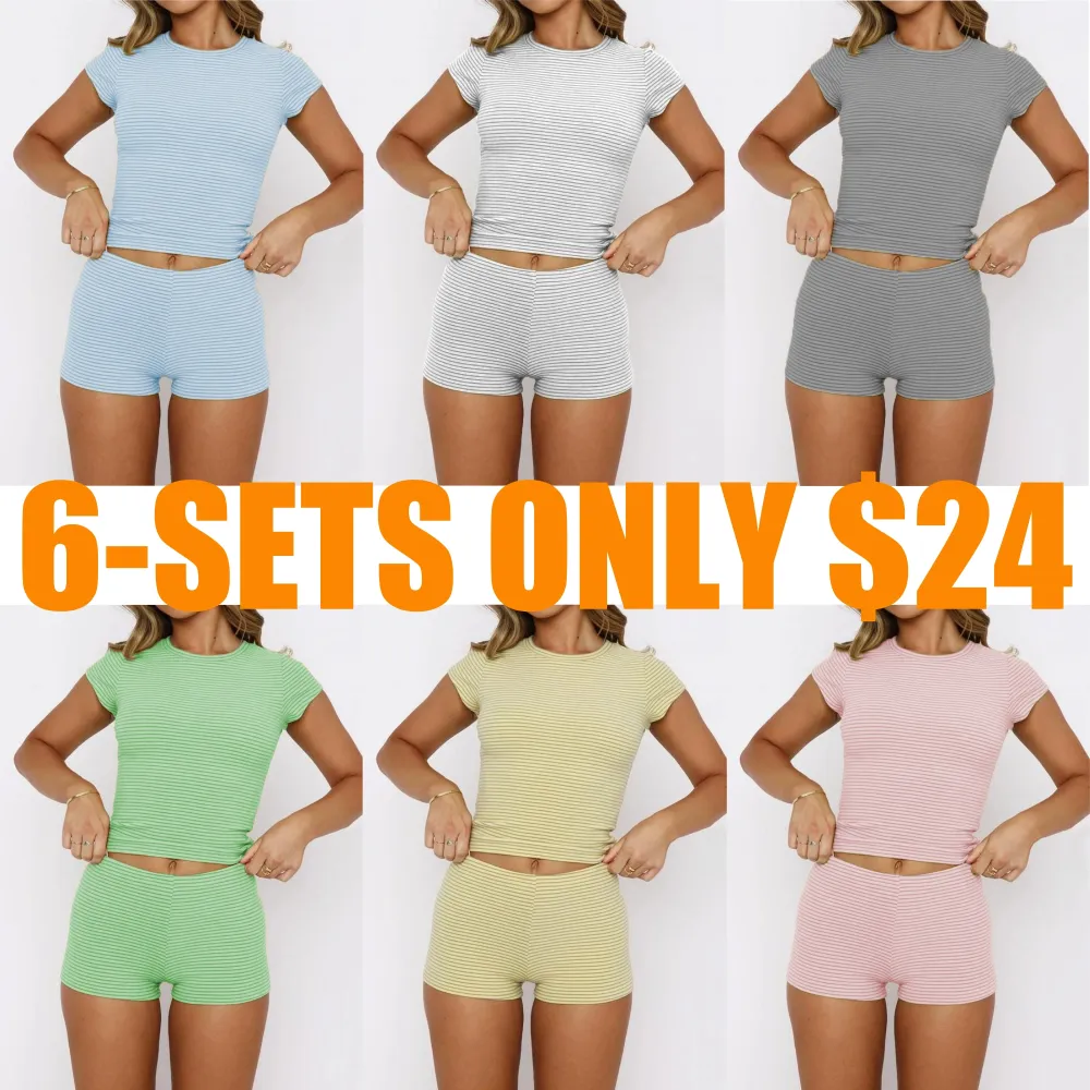 Two-piece Set Women's Striped Print Shortsleeve Crop Tee & Shorts