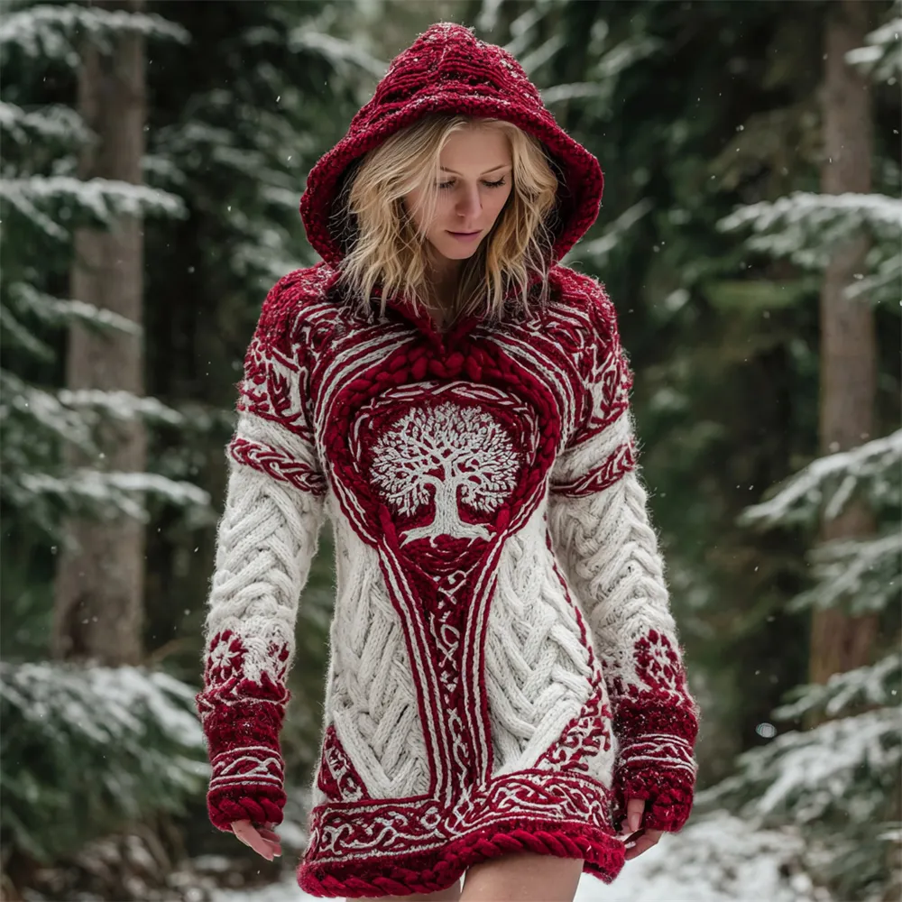 Christmas Viking Tree Of Life Women's Knit Hooded Mini Dress
