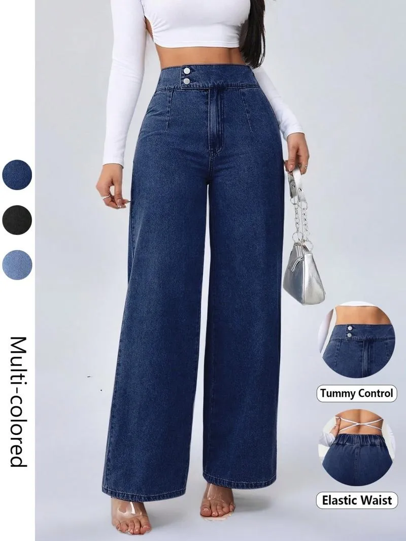 Women's Vintage Elegant High Waist Wide Leg Jeans, Button Front Elastic Waist Loose Fit