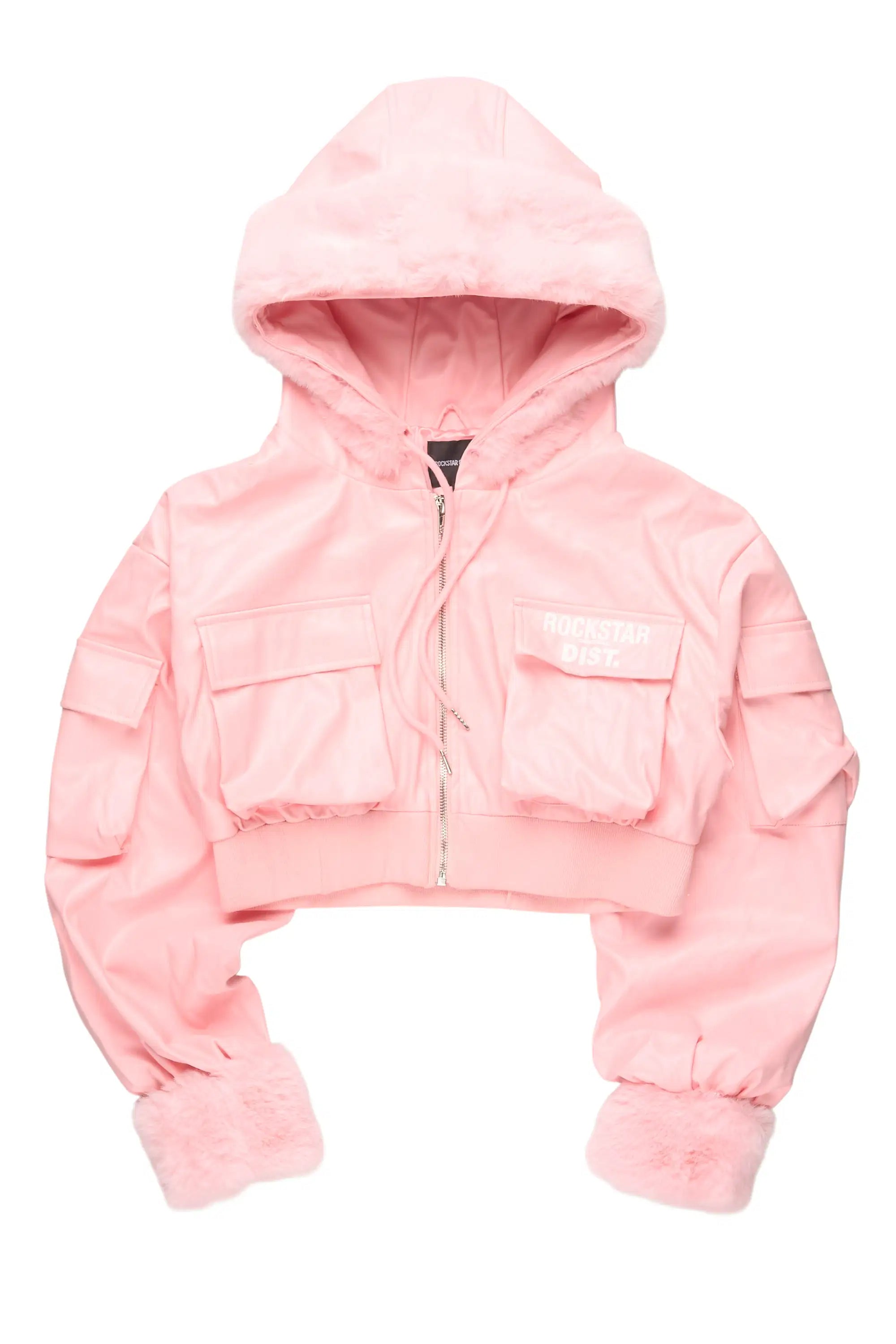 Amyia Pink PU Jacket With Fur Hood