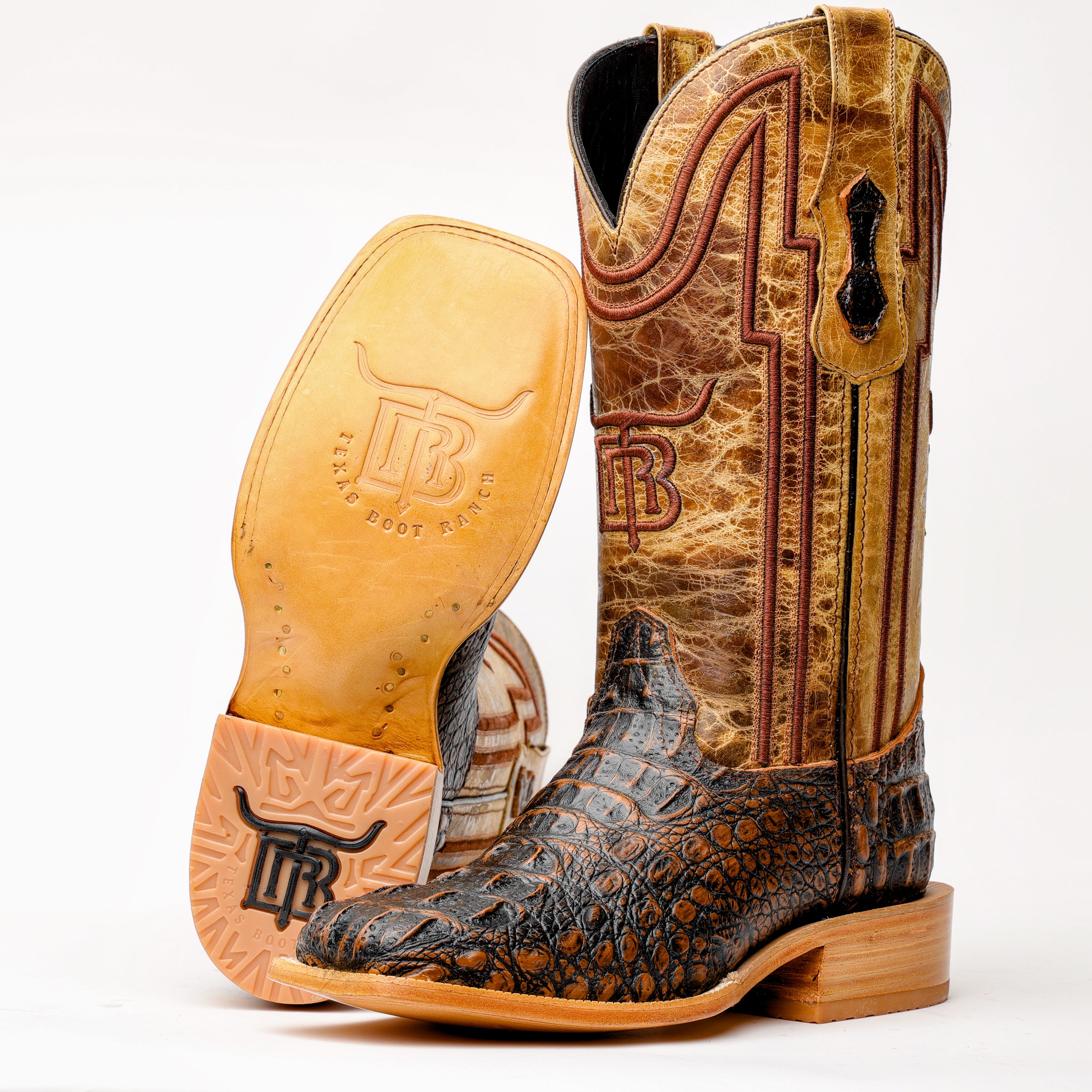 Rustic Honey Caiman Neck Leather Boots - Square Toe
