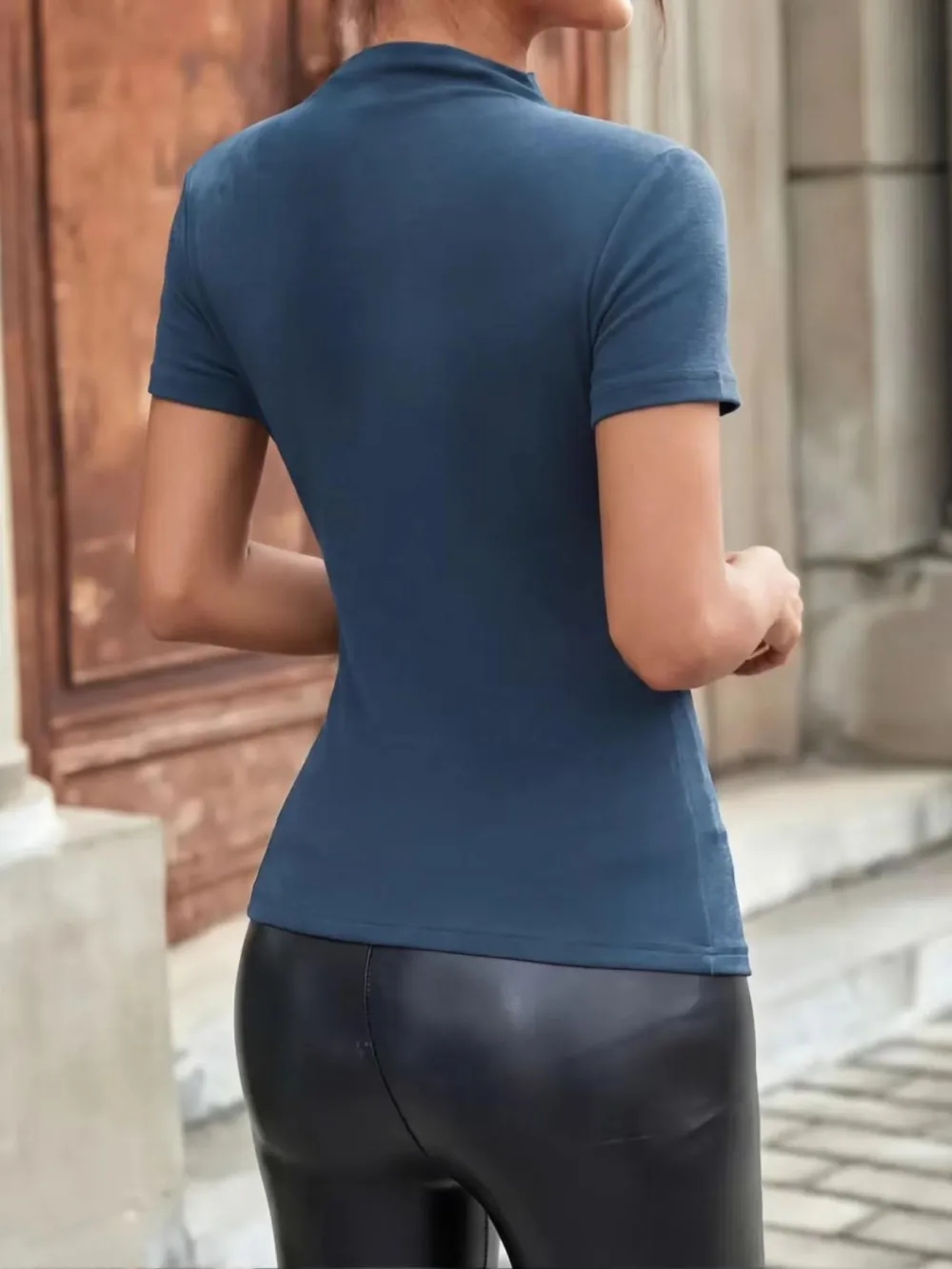 Women's Slim Fit Ruched Asymmetrical Top, High Neck Short Sleeve Knit T-Shirt, Casual Plain Design