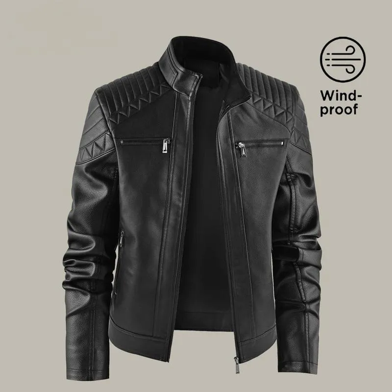 Men's Windproof Leather Jacket with Zipper Closure Solid Color Sport Style Pilot Motorcycle Model Multi