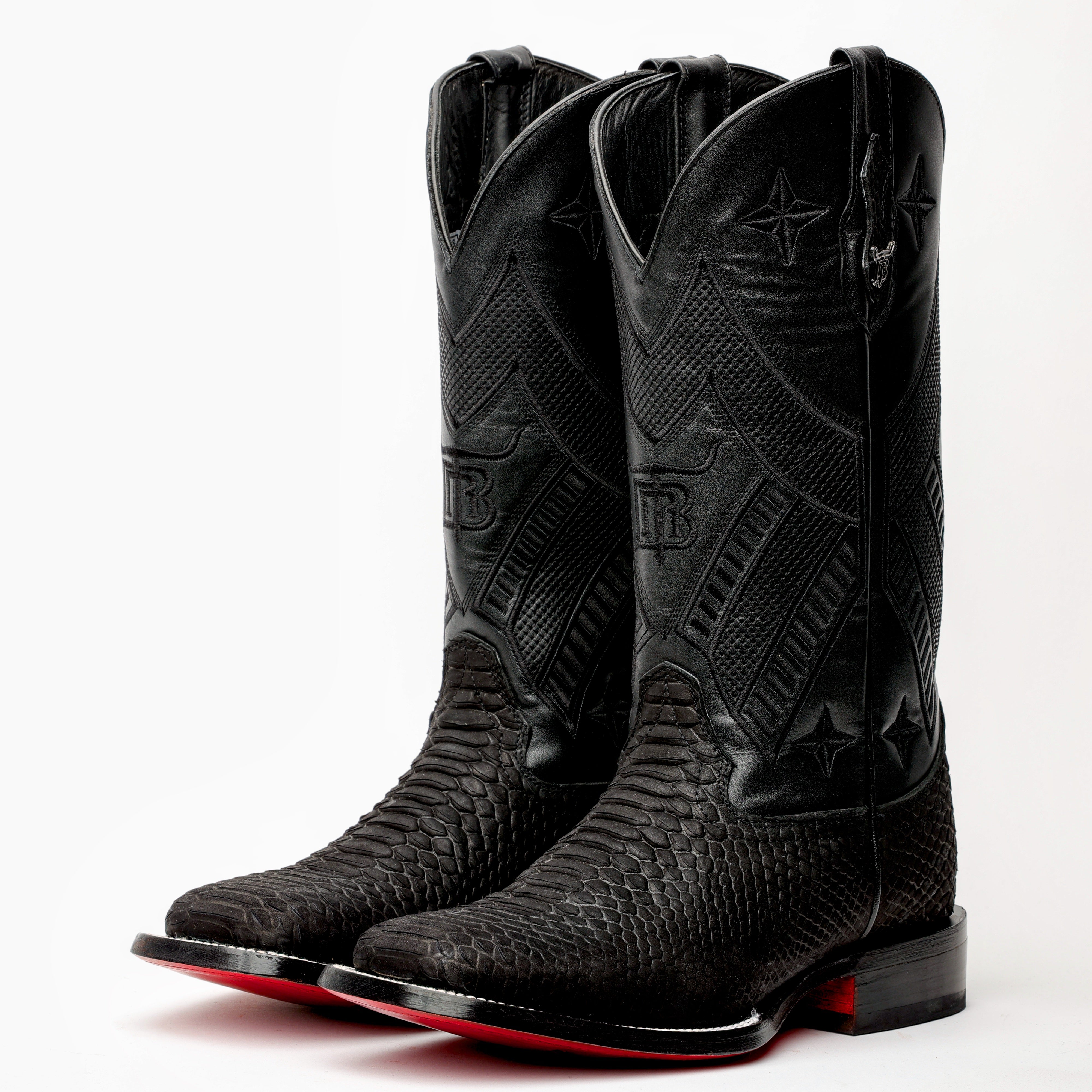 Matte Black Python Leather Boots - Square Toe