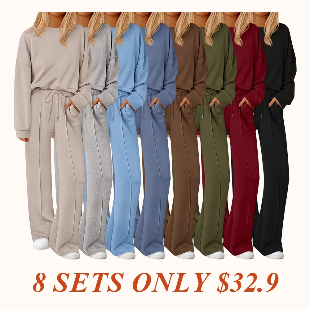 2 Piece Sets For Women Fall Trendy Long Sleeve Sweatshirt Wide Leg Pants Loungewear Set