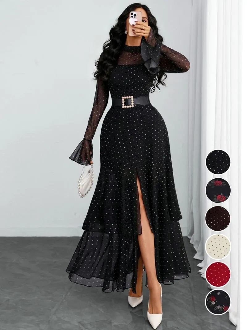 Women's Romantic Polka Dot Split Mesh Patchwork Layered Elegant Flared Skirt Dress