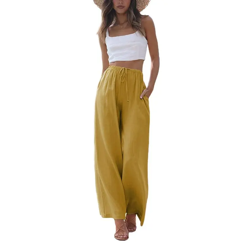 Women's Cotton Linen Summer Palazzo Pants Flowy Wide Leg Beach Trousers with Pockets Casual Womenswear