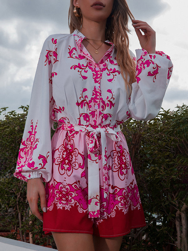 Vacation Puff Sleeves Loose Printed V-Neck Jumpsuit