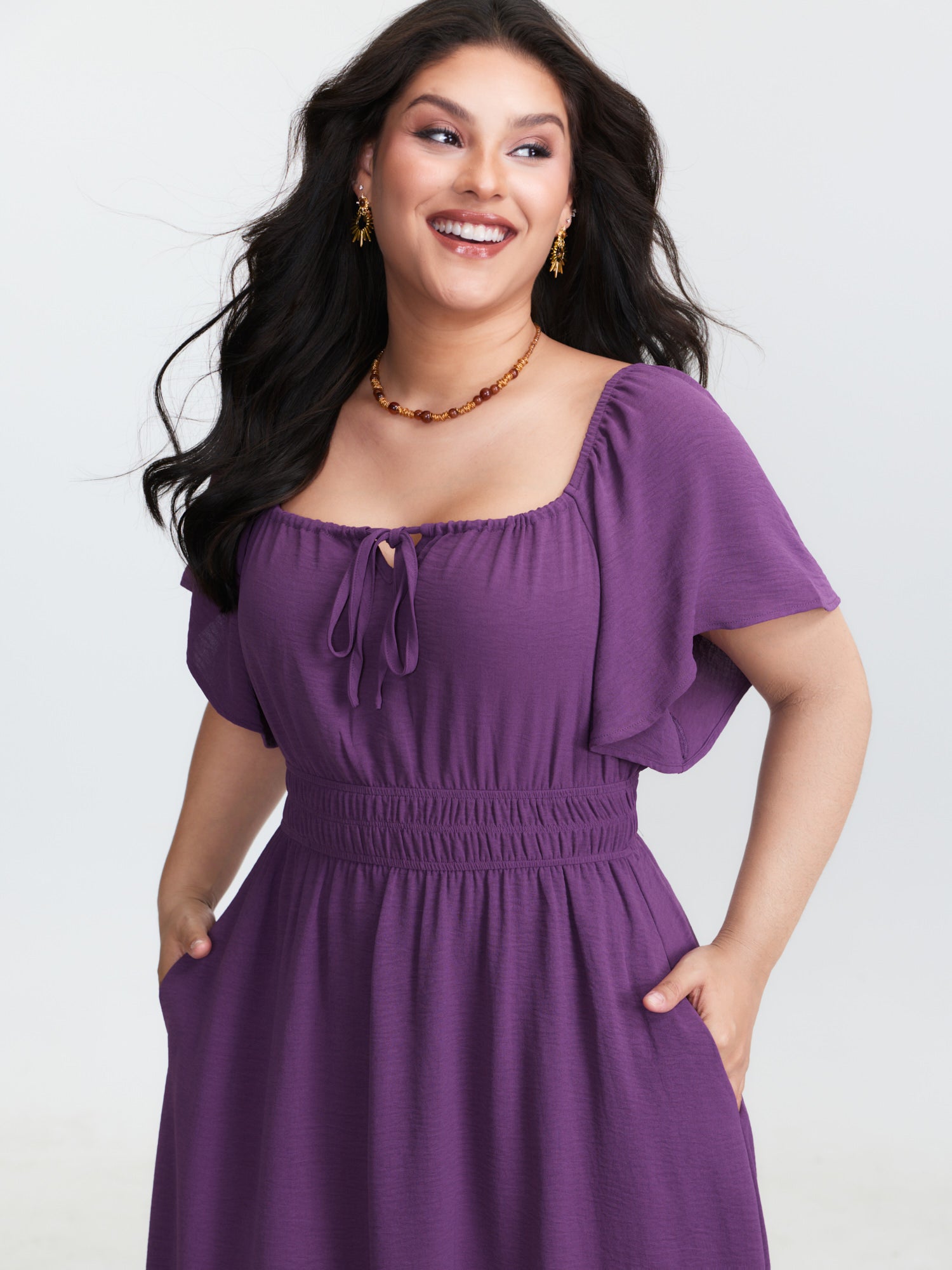 Square Neckline Shirred Waist Maxi Dress